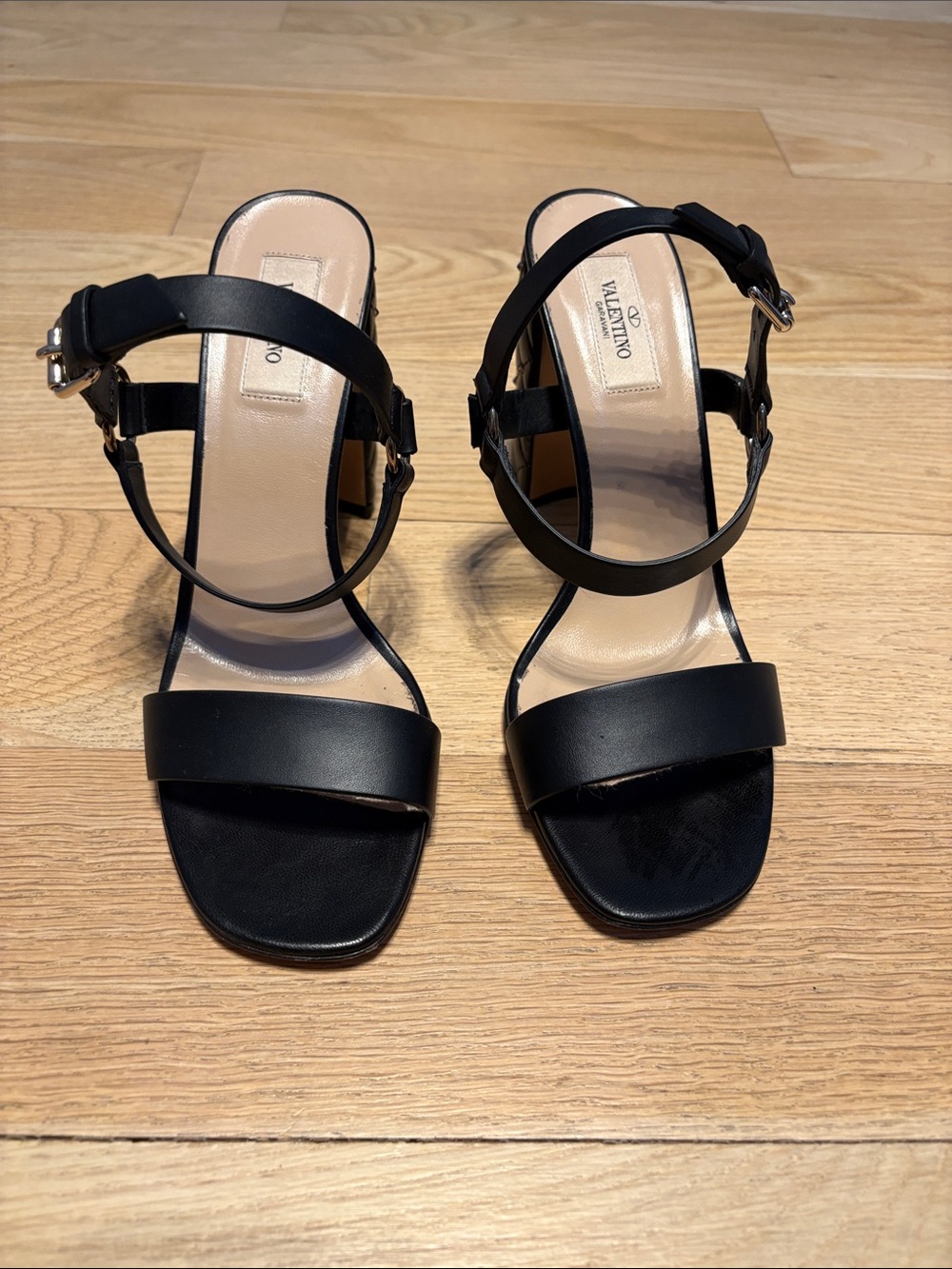 Valentino Black Leather Strappy Block-Heel Sandals